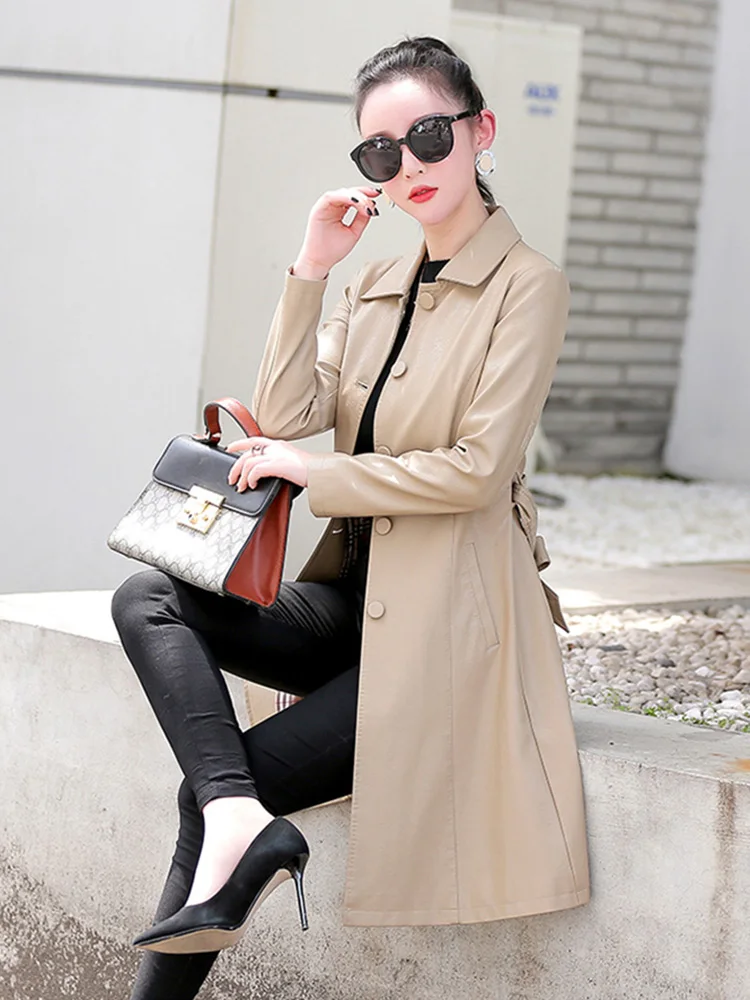 New Women Leather Coat Spring Autumn Fashion Shirt Collar Slim Waist Sheepskin Trench Coat Blue Long Outerwear Split Leather