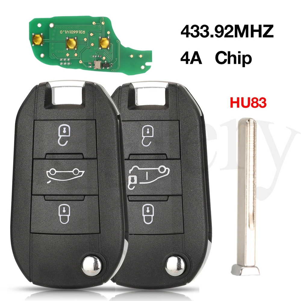 

jingyuqin 4A AES Chip 433.92MHZ FSK Filp Folding Remote Car Key For Peugeot 208 2008 308 508 Citroen C3 C4 C5 Uncut HU83 Blade