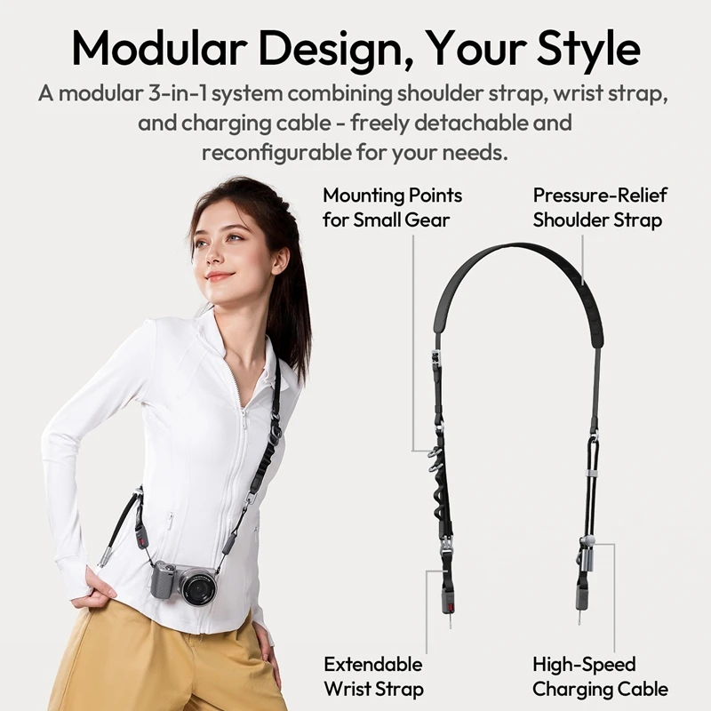 Ulanzi YF01 Y-Flex Strap with Quick Release Buckle 3-in-1 Shoulder Wrist Strap Charging Cable for Outdoor Travel Camera Shots