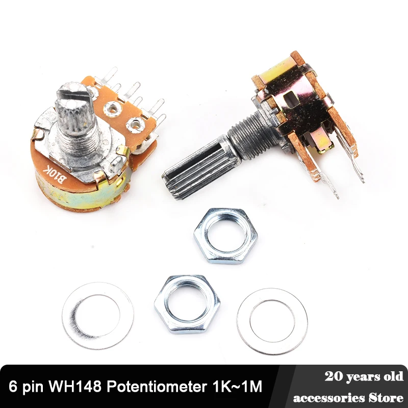 

5pcs 6 pin WH148 Linear Potentiometer variable resistor potentiometer B Type 1K 2K 5K 10K 20K 50K 100K 250K 500K 1M 15mm Shaft