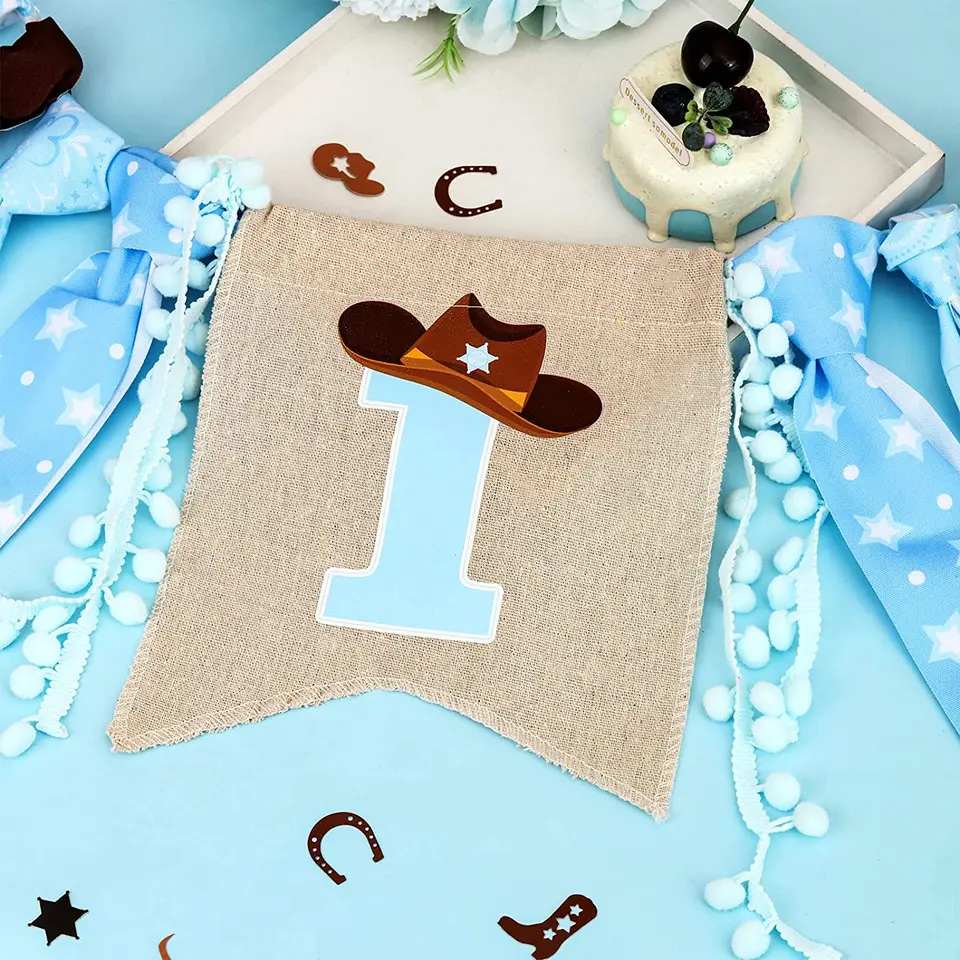 Banner di buon compleanno cowboy, decorazioni di compleanno cowboy occidentali blu, striscione a tema cowboy, forniture per feste di compleanno primo rodeo