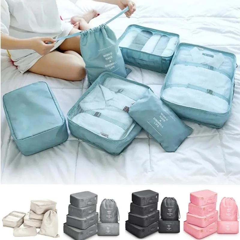 여행 정리함 보관 가방, 여행 가방, 포장 큐브 세트, 휴대용 수하물 의류 신발, 깔끔한 파우치, 접이식 케이스, 6 개 세트 