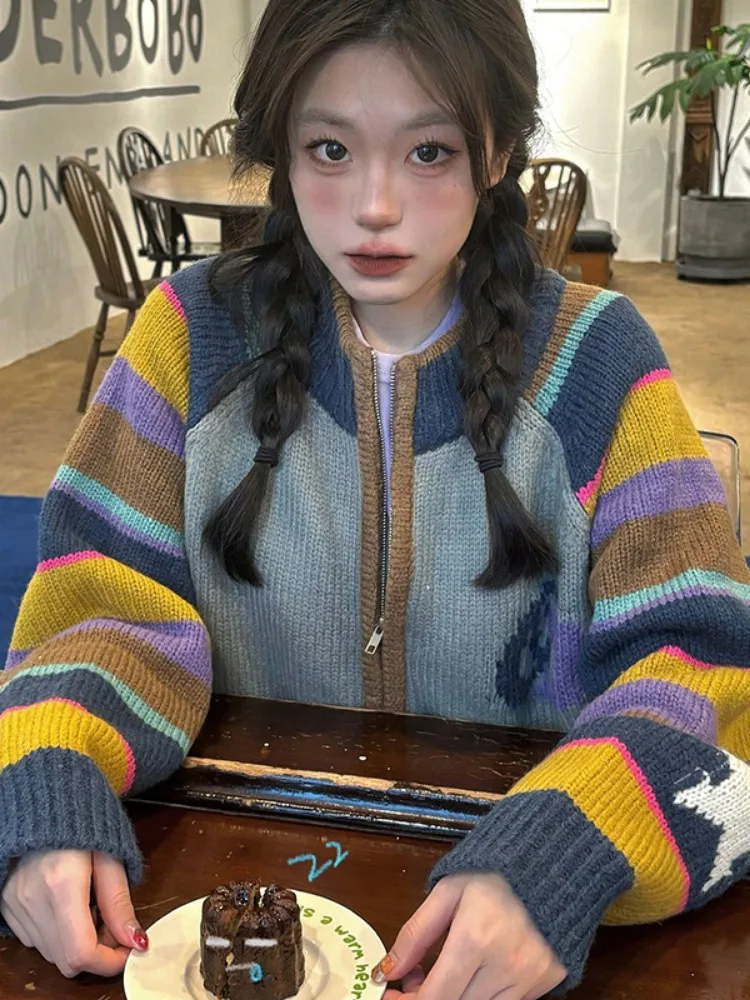 빈티지 스트라이프 가디건, Y2k 미적인 루즈 지퍼 그런지 니트 스웨터, 일본 캐주얼 스위트 레인보우 코트, 대비 색상