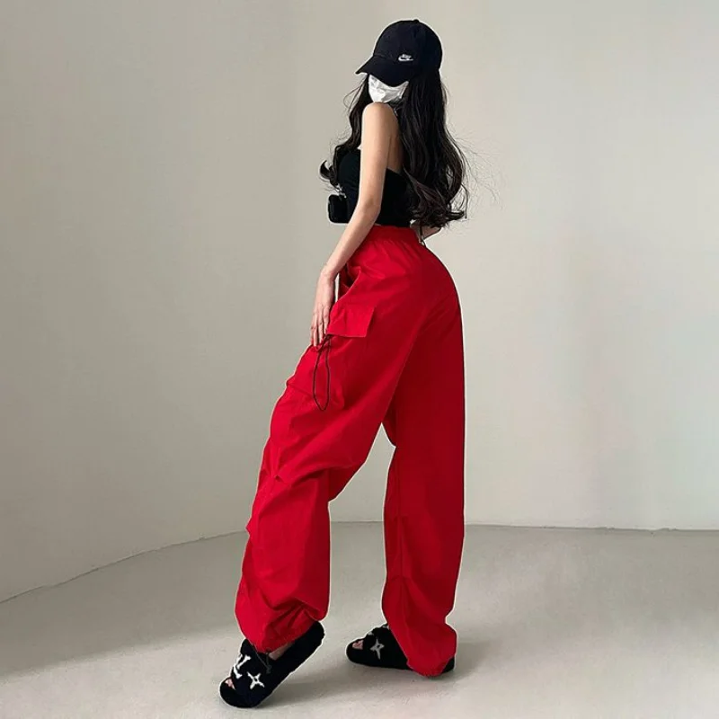 American Workwear Pants Women Loose Solid Elastic High Waist Drawstring Pockets Versatile Trend Sports Casual Wide Leg Trousers