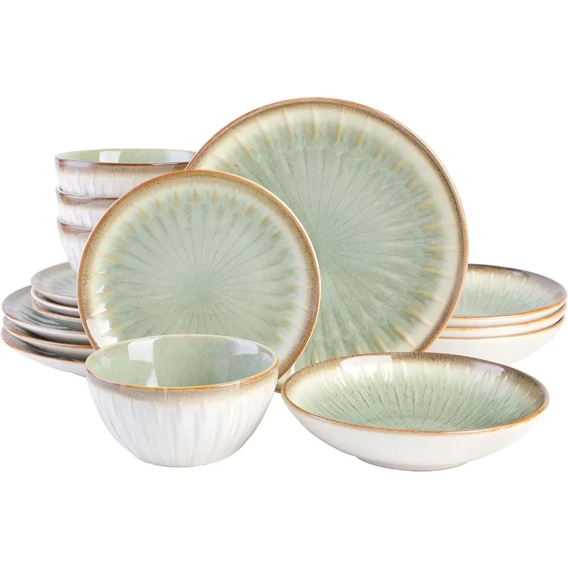 

Gibson Elite Mayfair Bay Embossed Double Bowl Dinnerware Set, Service for 4 (16pcs), Green