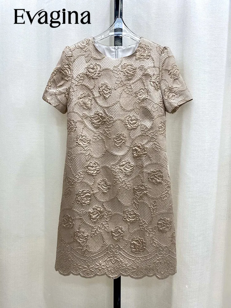 

Evagina HIGH STREET Newest 2023 Designer Fashion Women's Short Sleeve Handmade 3D Flowers Appliques Elegant Slim Dress