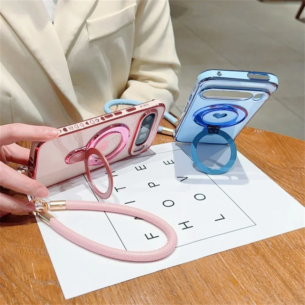 Cute Love Heart Wrist Strap Bracket Case For Google Pixel 8 9 10 Pro XL 9A 8A 7A Ring Holder Stand Lanyard Plating Soft_voghion.com