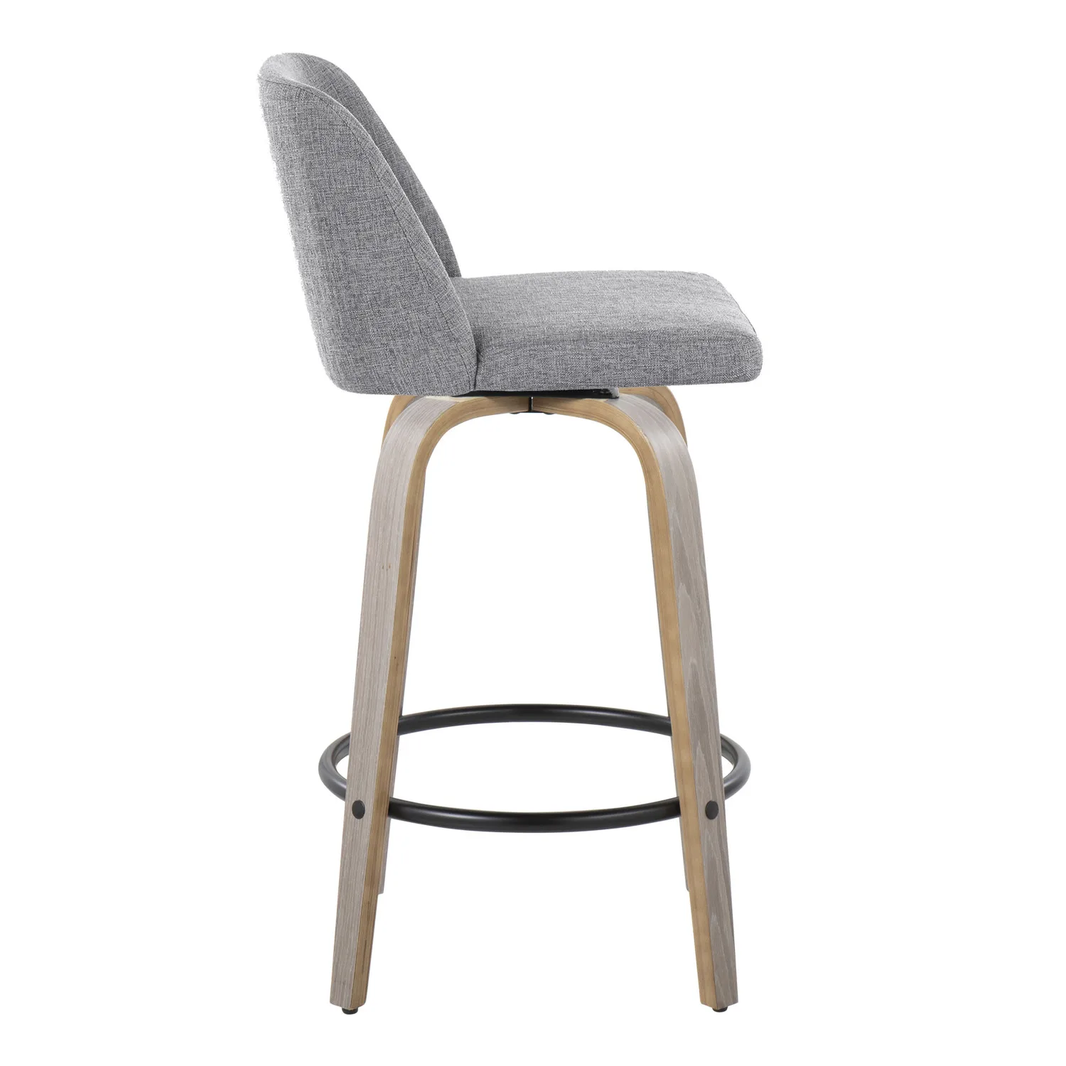 Toriano 26" Contemporary Fixed-Height Counter Stool with Swivel in Light Grey Wood and Grey Fabric with Round Black Metal Footre 3