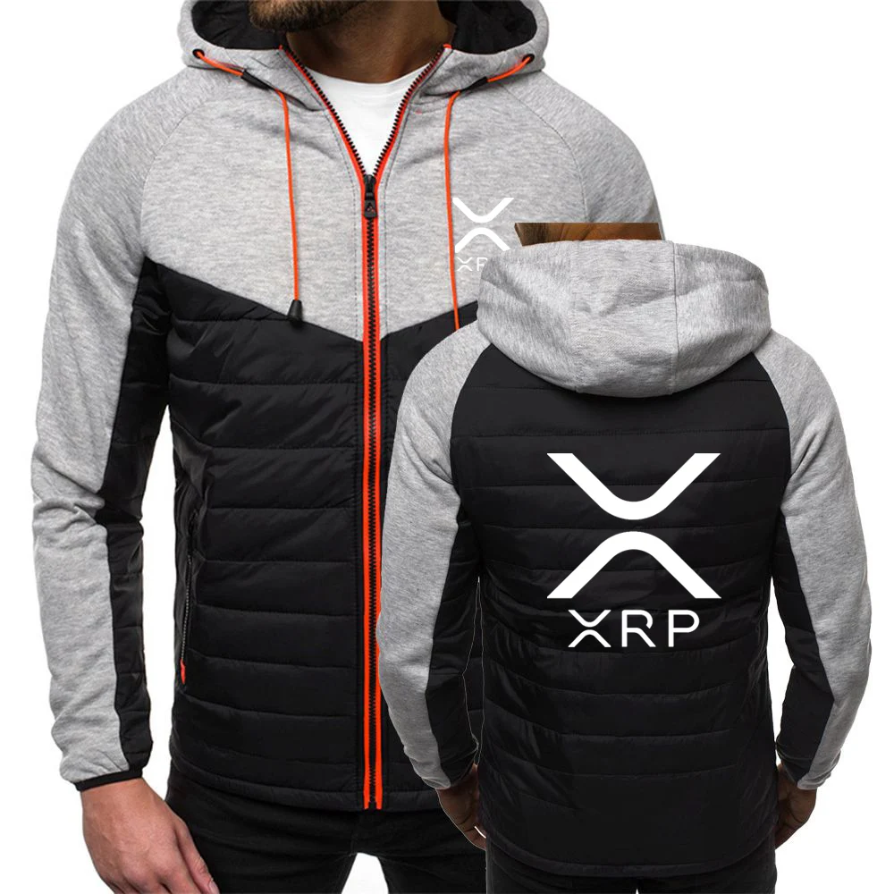 2025 Spring Autumn Men's Cryptocurrency Ripple XRP Logo Print Personality Solid Color Patchwork Long Sleeve Hooded Cotton Jacket 5