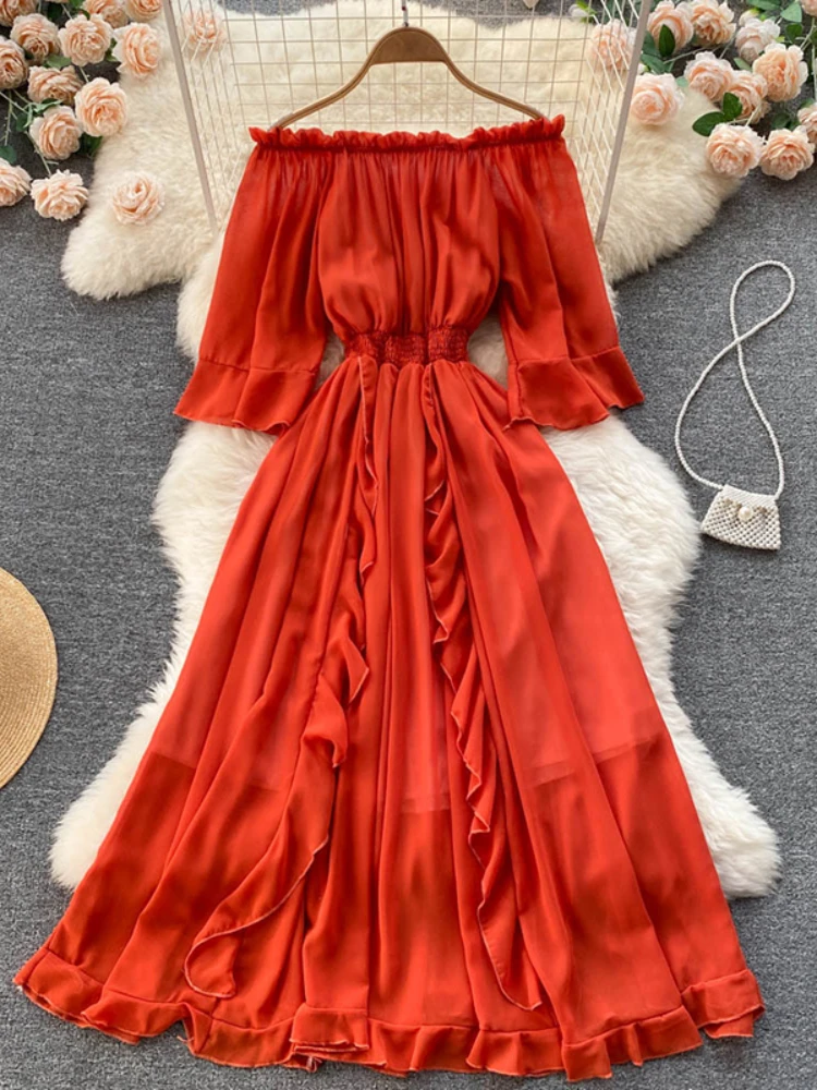 

Summer Off Shoulder Chiffon Dress Women Sexy Slash Neck Ruffle A-Line Big Swing Beach Maix Robe Female 2023 New Vestido