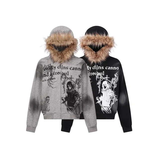 2025 personalized spray painted pattern hooded loose casual versatile couple style hooded sweatshirt Y2K, paired with a fringed 1