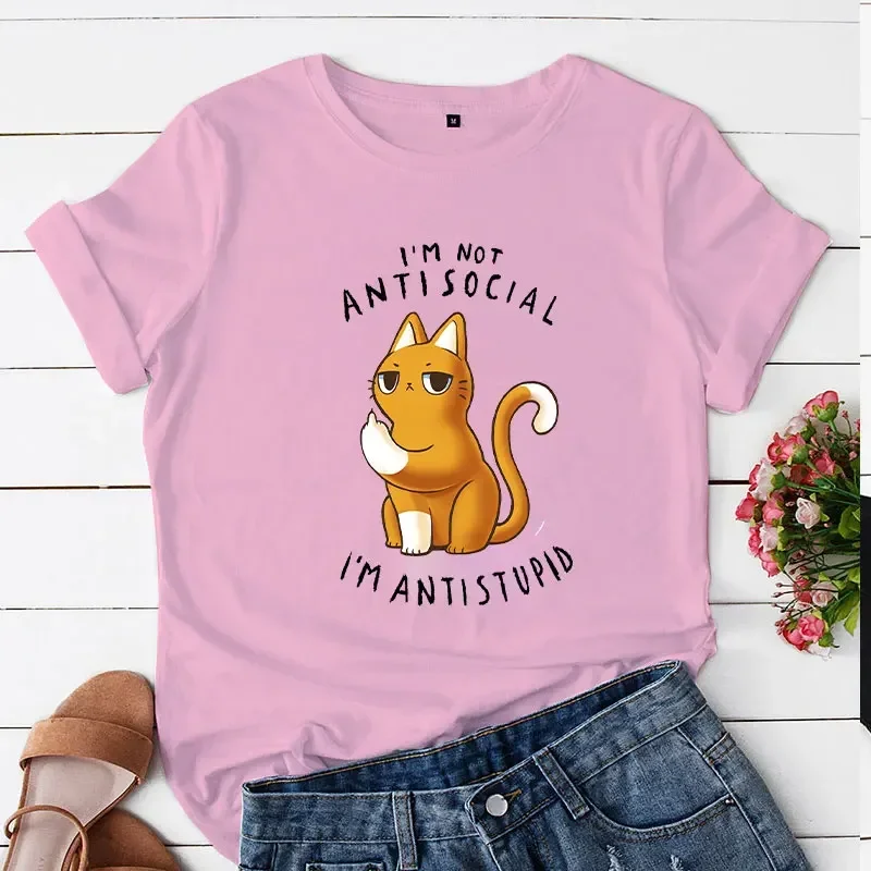 Casual Tees Ladies I'm Not Antisocial I 'm Antistupid Aesthetic Trend Summer Female Clothes Tshirt Tops Women Cat Cartoon Tshirt 5