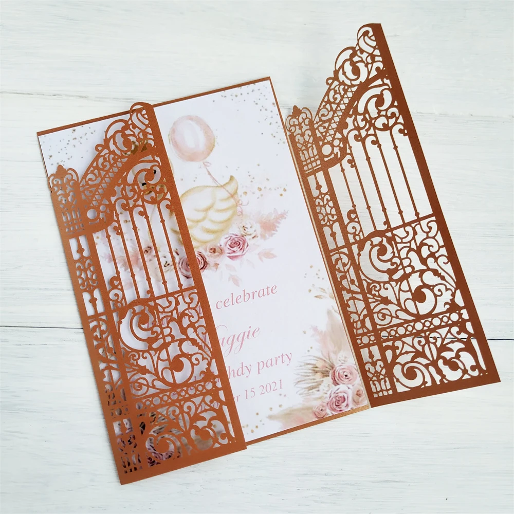 Metallic Gold Gate Laser Cut Wedding Invitation Cards 50 Sets Personalized Printing Marriage Celebrity Party Invites