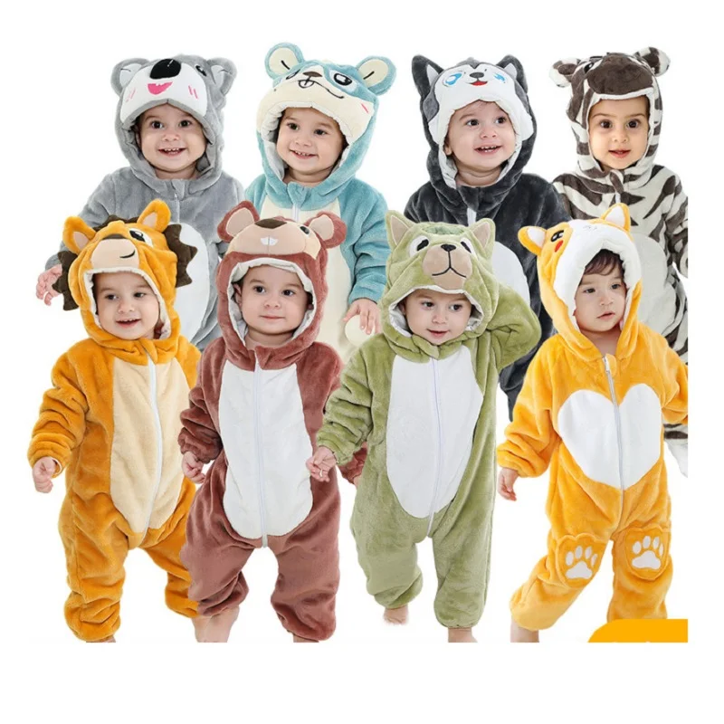 

Baby Rompers Winter Costume Flannel Hooded Overall One-Pieces Toddlers Jumpsuits Animals Design 70-120cm Kids Jumper Roupa Bebe