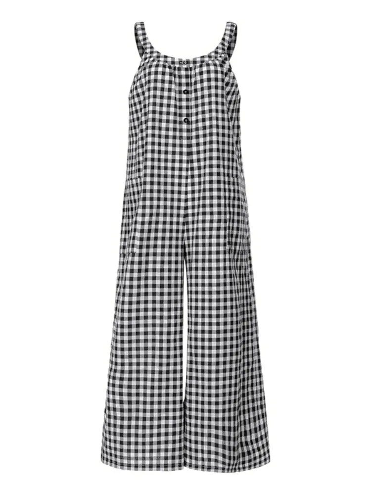 Celmia Harajuku Jumpsuits Women Vintage Plaid Rompers 2023 Fashion Wide Leg Pants Overalls Sleeveless Casual Loose Jumpsuits