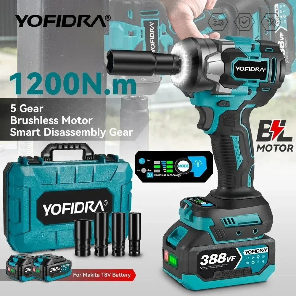 YOFIDRA Brushless Electric Impact Wrench 1200N.M Torque Cordless Screwdriver Power Tool Compatible with Makita 18V Battery