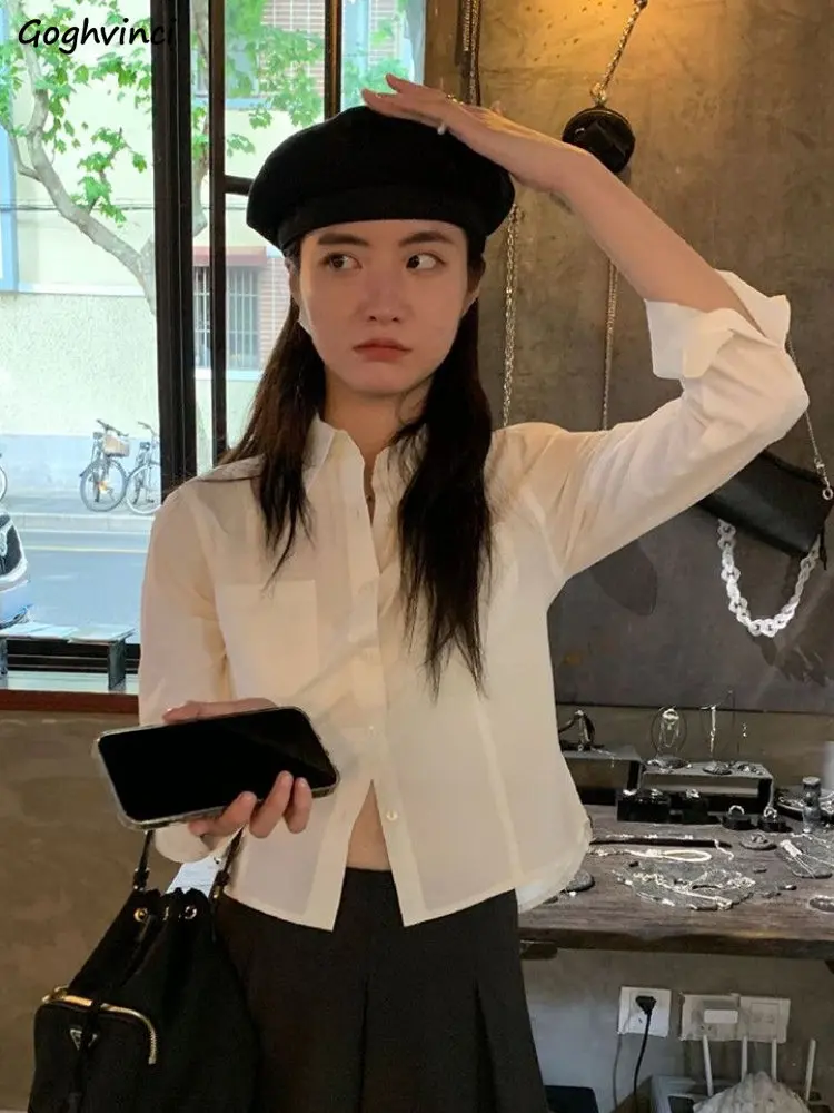 

Белые укороченные рубашки для женщин, приталенные чистые офисные дамские весенне-летние повседневные Модные Нежные милые рубашки в стиле преппи ольччан