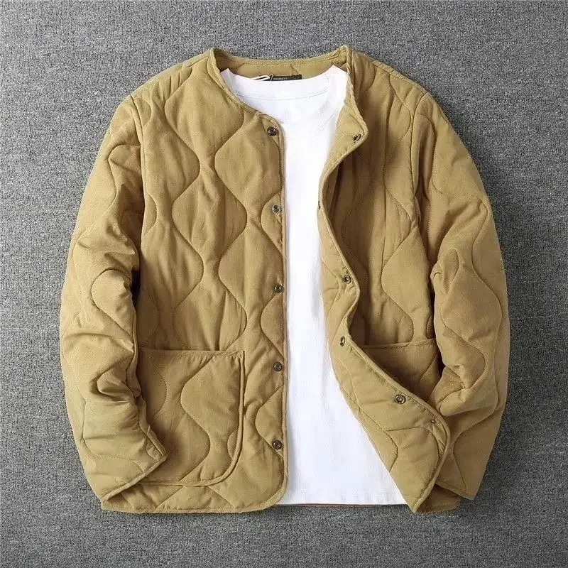 2023 Autumn Winter O-neck Quilted Jacket Men's Versatile  Green  Retro Thickened Coat Men Techwear Button Up Oversize Jacket 2
