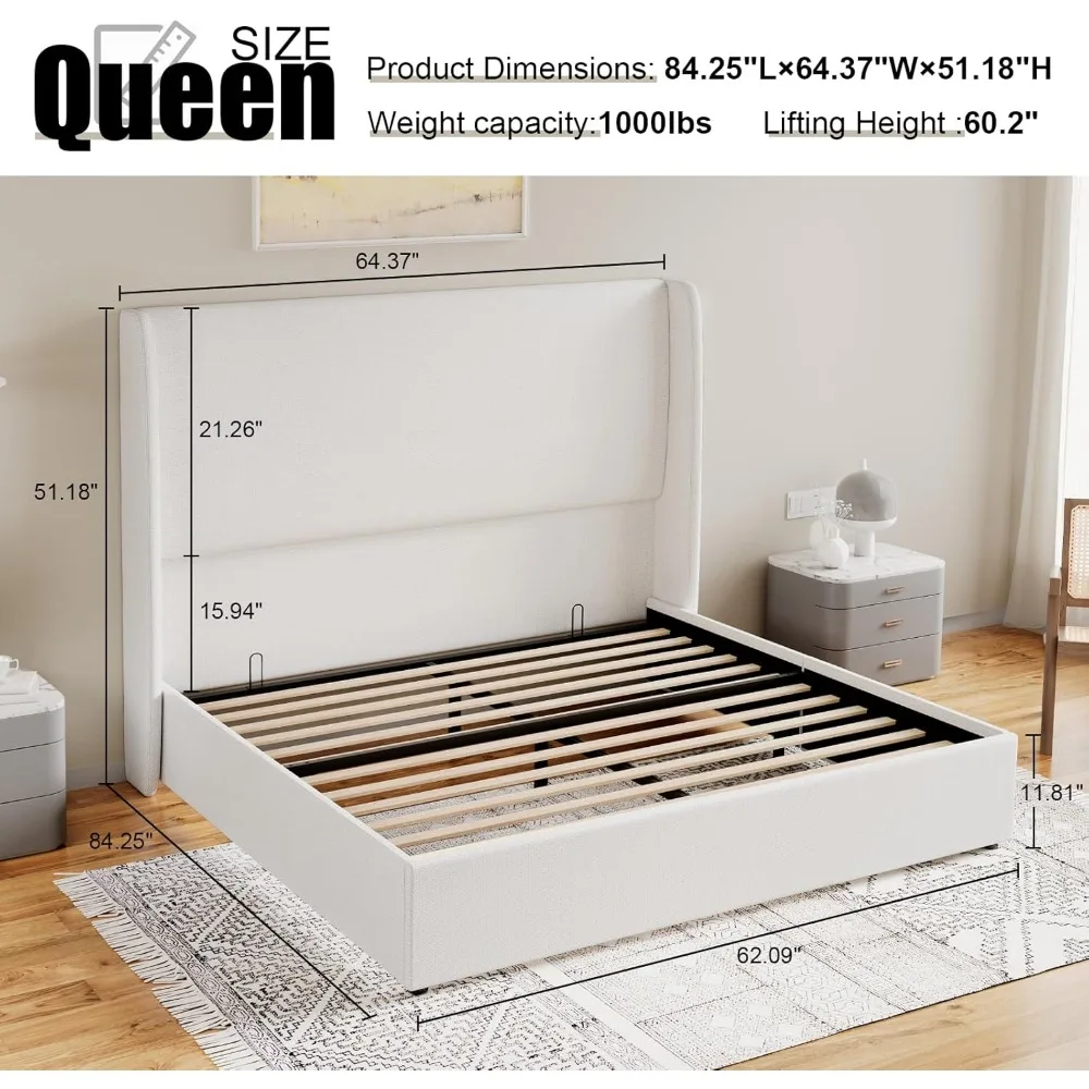 Queen Size Bed Frame Lift Up Storage Beds Linen Beds Frames with Hydraulic Storage/Wingback Headboard, Queen Bed Frame 2