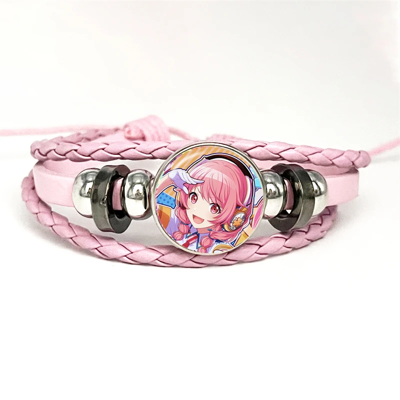 Project SEKAI Anime Momoi Airi MORE MORE JUMP! Pink Leather Bracelet Glass Cabochon Button Multilayer Bangles Wristband Gift 4
