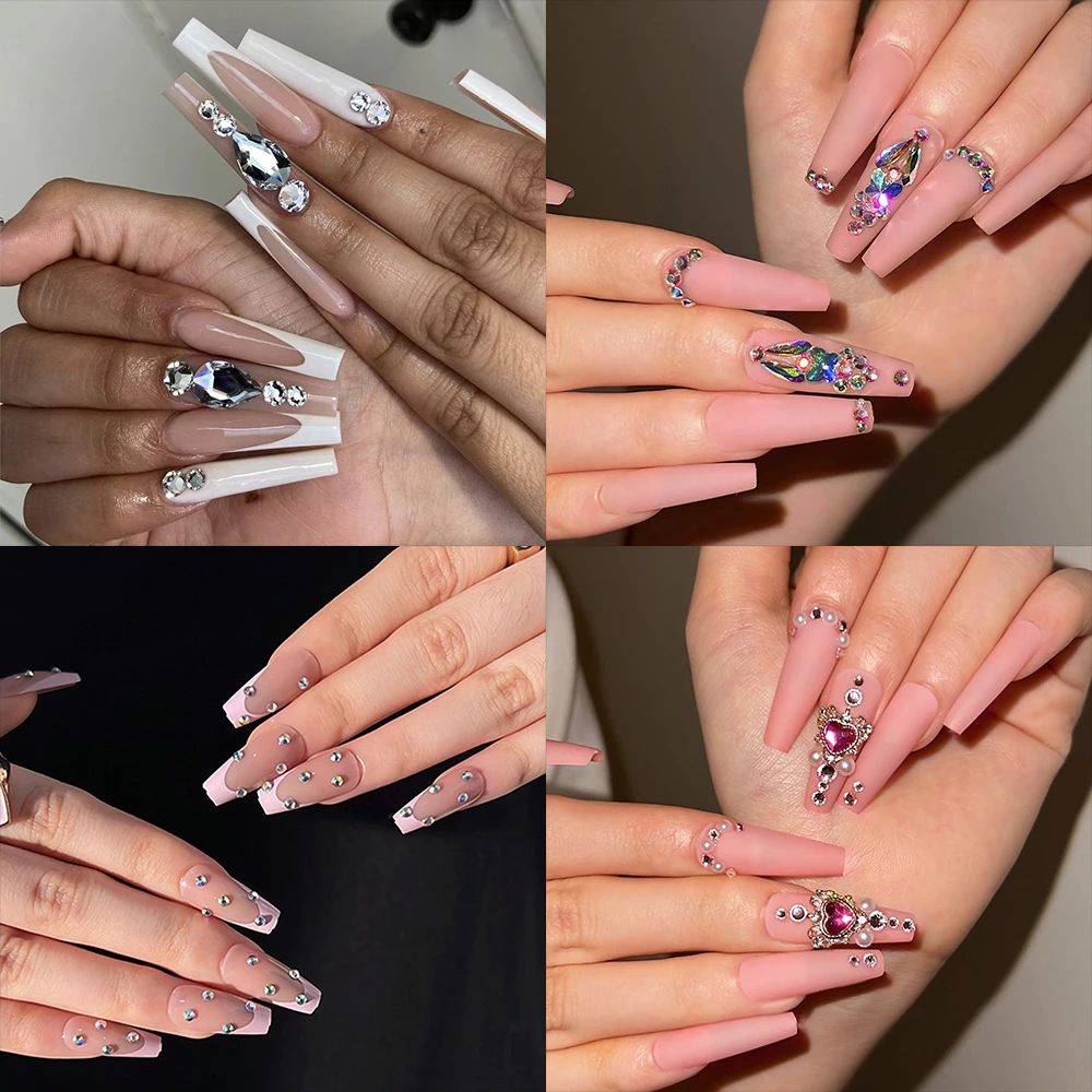 24pcs Pink French Ballerina Fake Nails Wearable Nail Art Simple Elegant  Press On Nails False Nails Rhinestone Design - False Nails - AliExpress