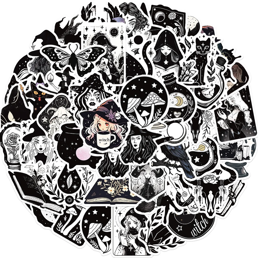 

10/50Pcs Cartoon Black White Magic Witch Varied Graffiti Stickers DIY Scrapbooking Phone Laptop Decoration Travel Luggage Decals