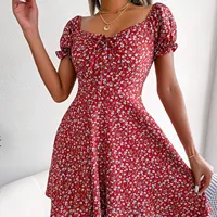 2023 New Casual Short Sleeve Square Neck Lace-up Dress Retro Women Floral Printed Mini Dress Ladies Fashion Slim Office Dresses - Image 3