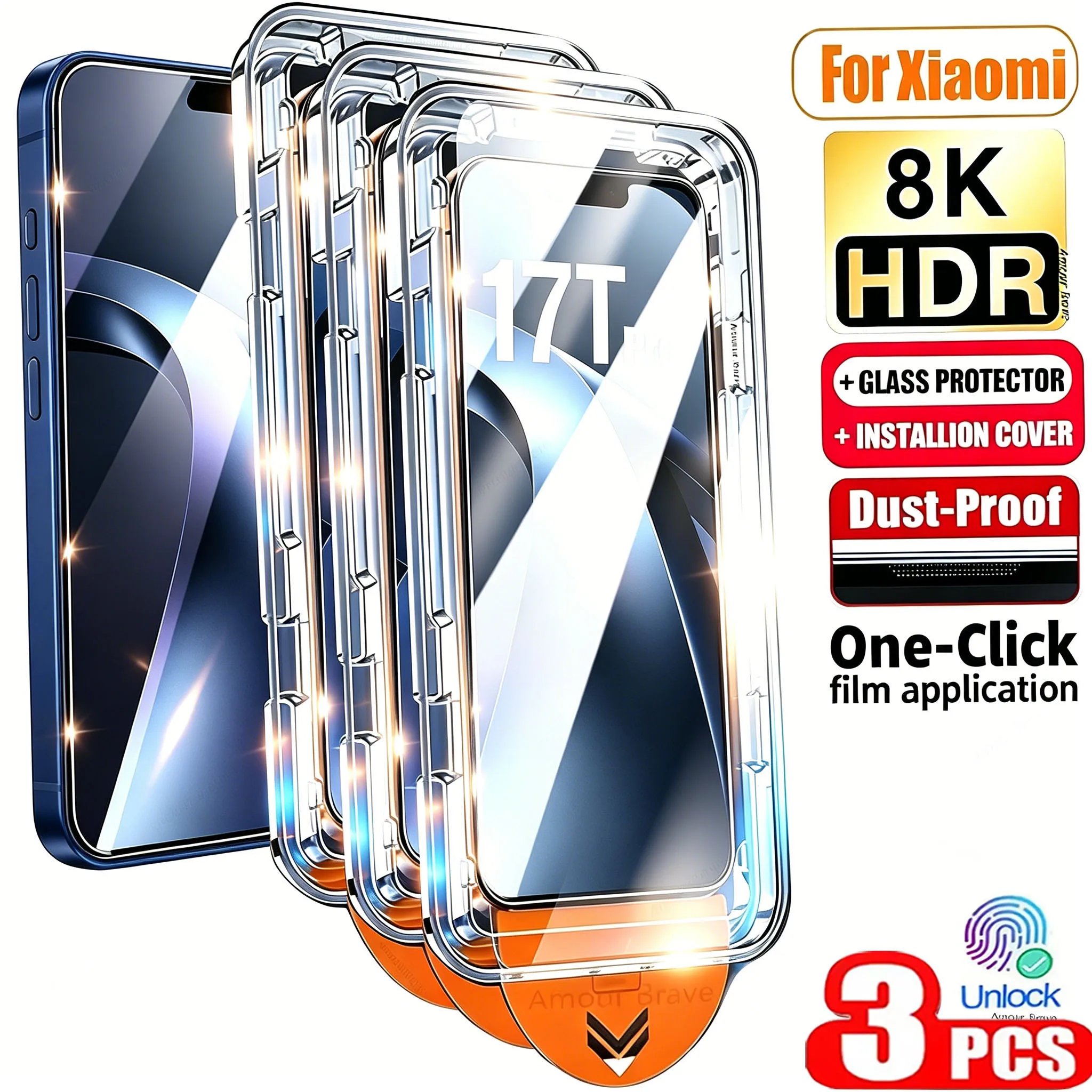 3-Pack HD 8K Easy Install Screen Protector with Auto-Dust Boxes - Tempered Glass