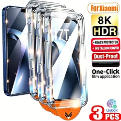 3 - Pack HD 8K Easy Install Screen Protector with Auto - Dust Boxes - Tempered Glass - 3 Pieces