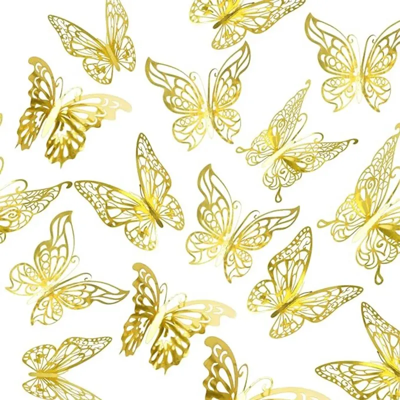 12Pcs 3D Hollow Butterfly Pet Plastic Laminated Paper Skeleton Butterfly Wall Sticker Background Home Decoration Event Wedding