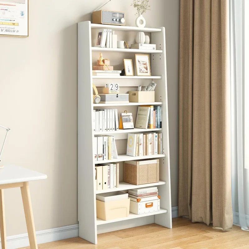 

Tall Open Shelf Bookcase - Wooden Ladder Bookshelf with Adjustable Shelves, Floorstanding Display Storage Rack