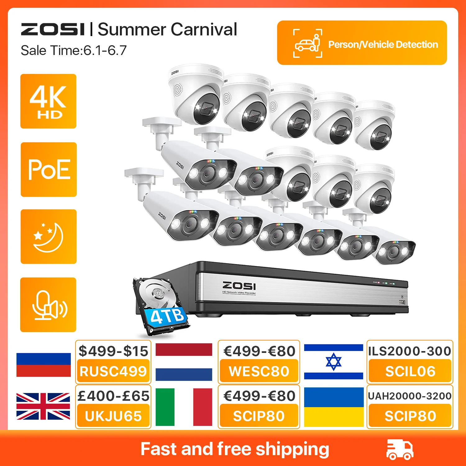 ZOSI 8MP H.265+ 16CH Security Camera System 4K PoE NVR Set IP66 IP Camera Color Night Vision Cctv Video Surveillance System Kit