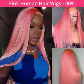 Peluca lisa rosa de cabello humano brasileño con encaje HD frontal 13x6 1
