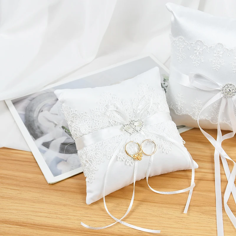 Romantische Schleife Band Perlen weißen Ring Kissen Braut Hochzeit Zeremonie Tasche Ring Kissen Kissen Träger mit Bändern Dekoration – Detail 9