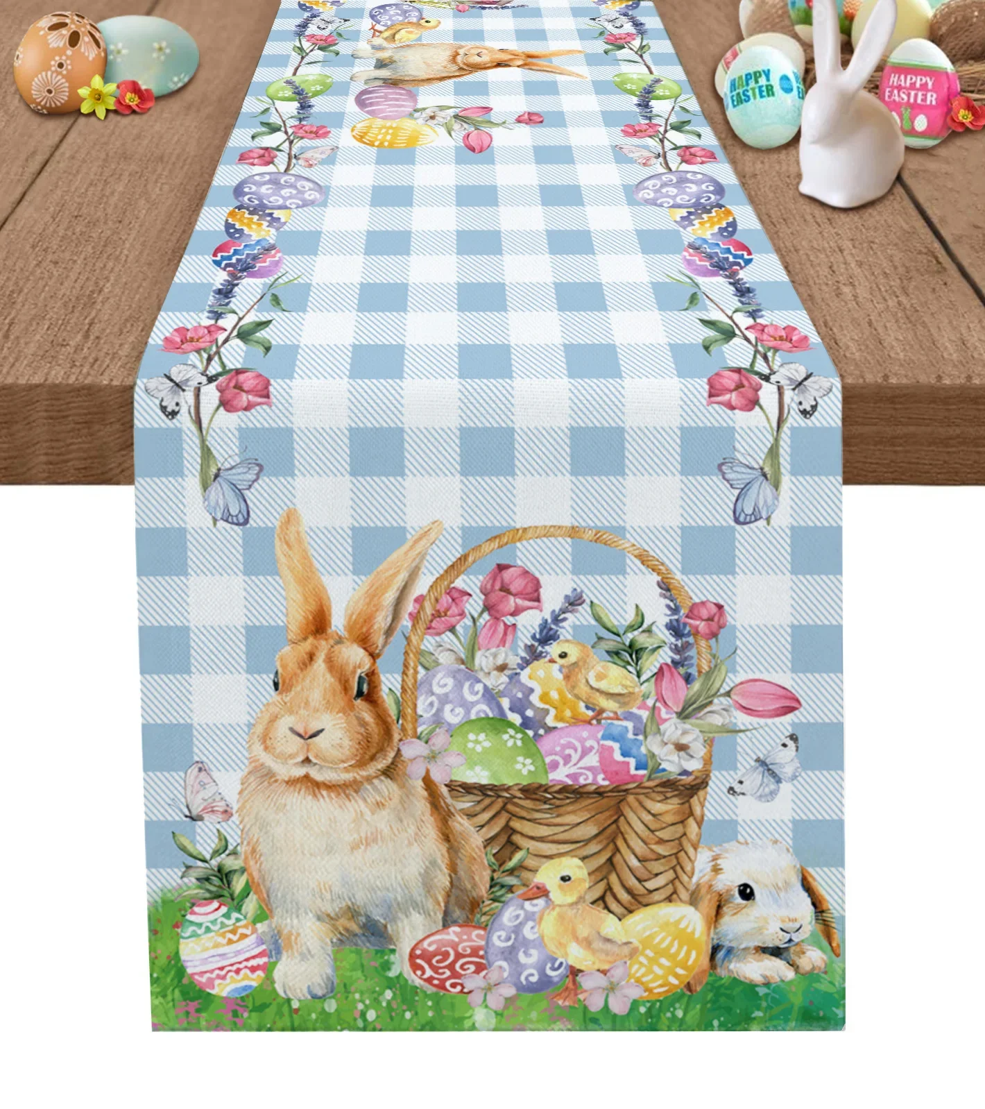 Easter Bunny Egg Duck Flower Linen Table Runner Wedding Decoration Anti-Fouling Rectangular Dining