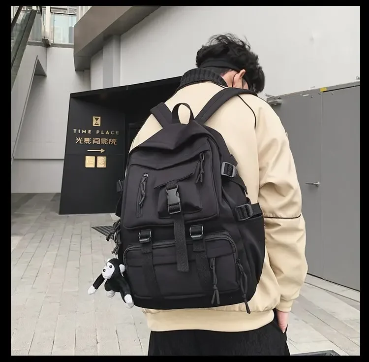 Preppy Style Black Backpack Unisex Women Men Backpack Nylon Waterproof Multi-Pocket Design Mochilas Teenagers Shoulder Bag