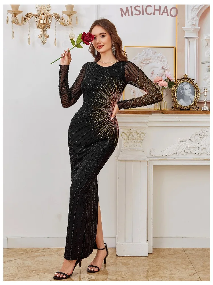 فستان سهرة أسود بترتر، ماكسي شبكي