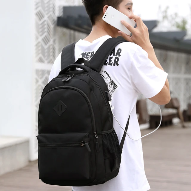 Backpack Men Laptop Backpacks Oxford Black Solid High School Bags Teen Boy