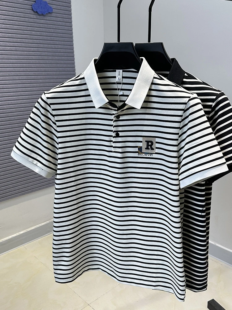 High end brand embroidery men short sleeve polo shirt fashion black white striped summer comfort breathable youth trend T-shirt 9 S7504767130634ae7bff86b6bcfd812241