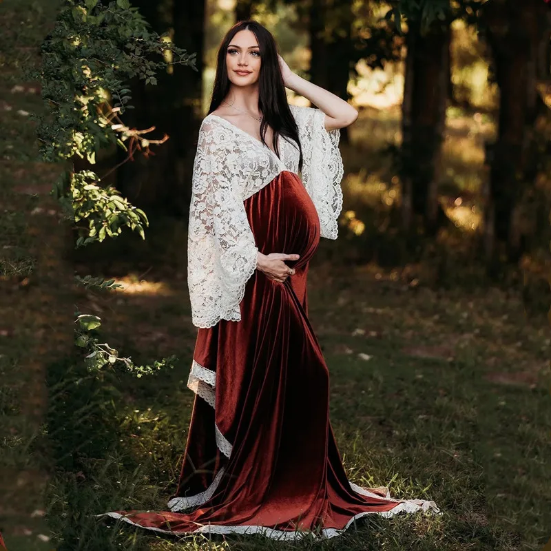 Winter Boho Velvet Maternity Photography Dresses Bohemian Lace Joint Velvet Pregnant Woman Photo Shoot Long Dresses