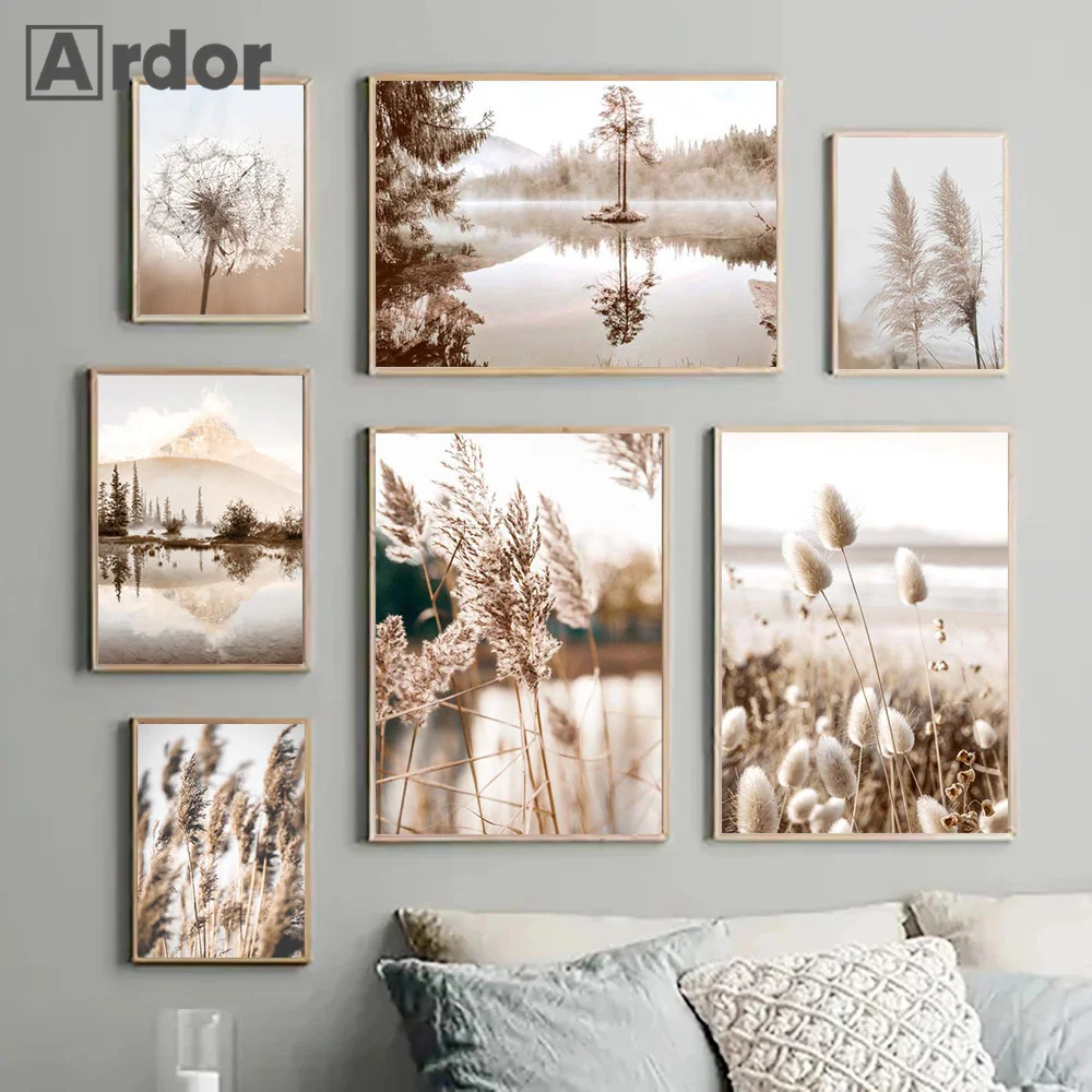 

Beige Landscape Wall Posters Dandelion Canvas Painting Reed Art Prints Mountain Lake Poster Nordic Wall Pictures Bedroom Decor