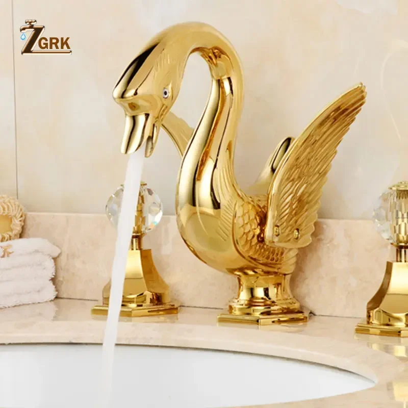 ZGRK zlato absolvovat koupelna pípa luxusní zlatý labuť vzhled bazén ťuknout dvojí ovládat paluba namontovat tři kousky pípa sada celistvý mosaz