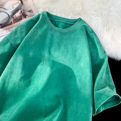 Vintage Snowflake Graphic Solid Color Unisex Cotton T-Shirt - Short Sleeve Wash Street Style Hip Hop Tee - S (Green)
