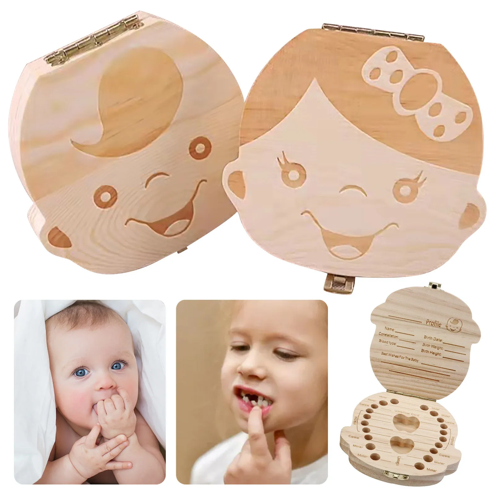 Baby Child First Tooth Keepsake Wooden Storage Box For Kids Boy Girl Milk Teeth 