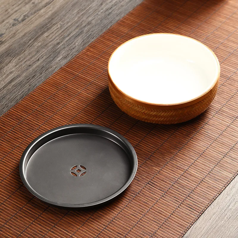 Handmade Bamboo Woven Water Storage Pot KungFu Tea Plate Chinese Style Household Dry Brewing Table Circular Tea Sea
