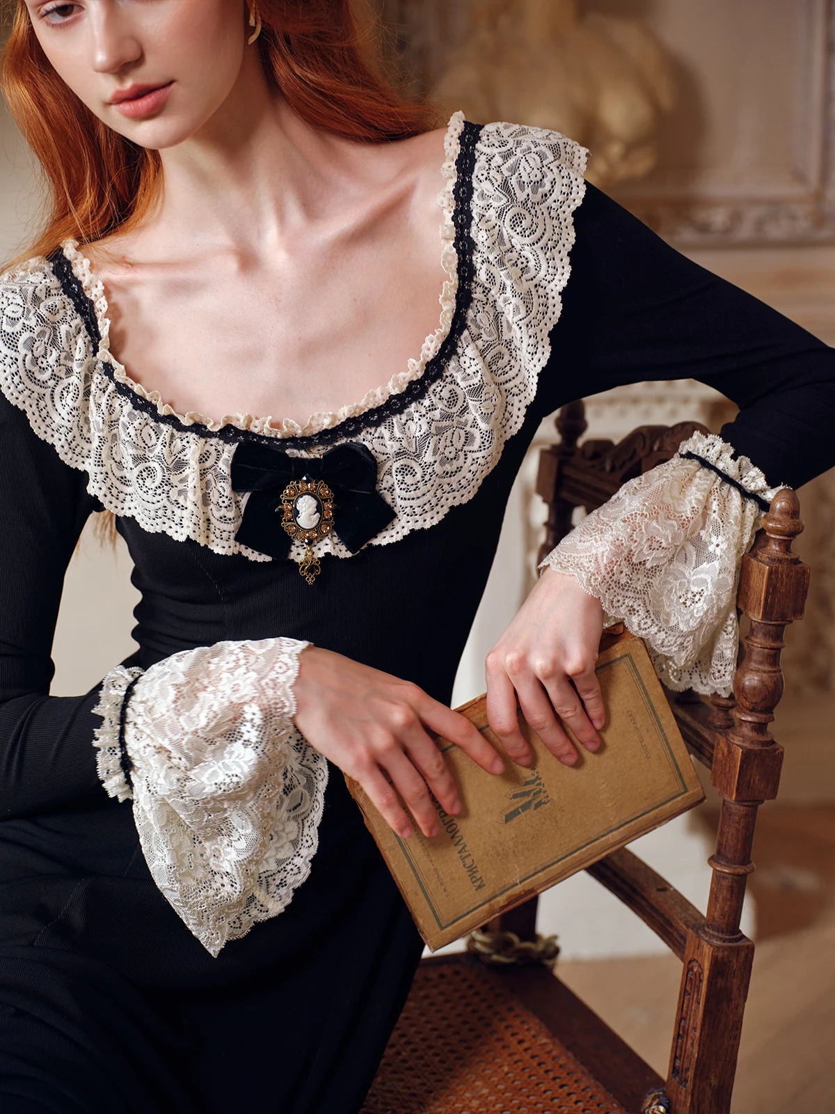88-102cm Bust Spring Fall Black Dresses For Women Vintage Elegant Slim Lace  Collar Flare Sleeve Elastic Knitted Long Dresses - AliExpress 200000345