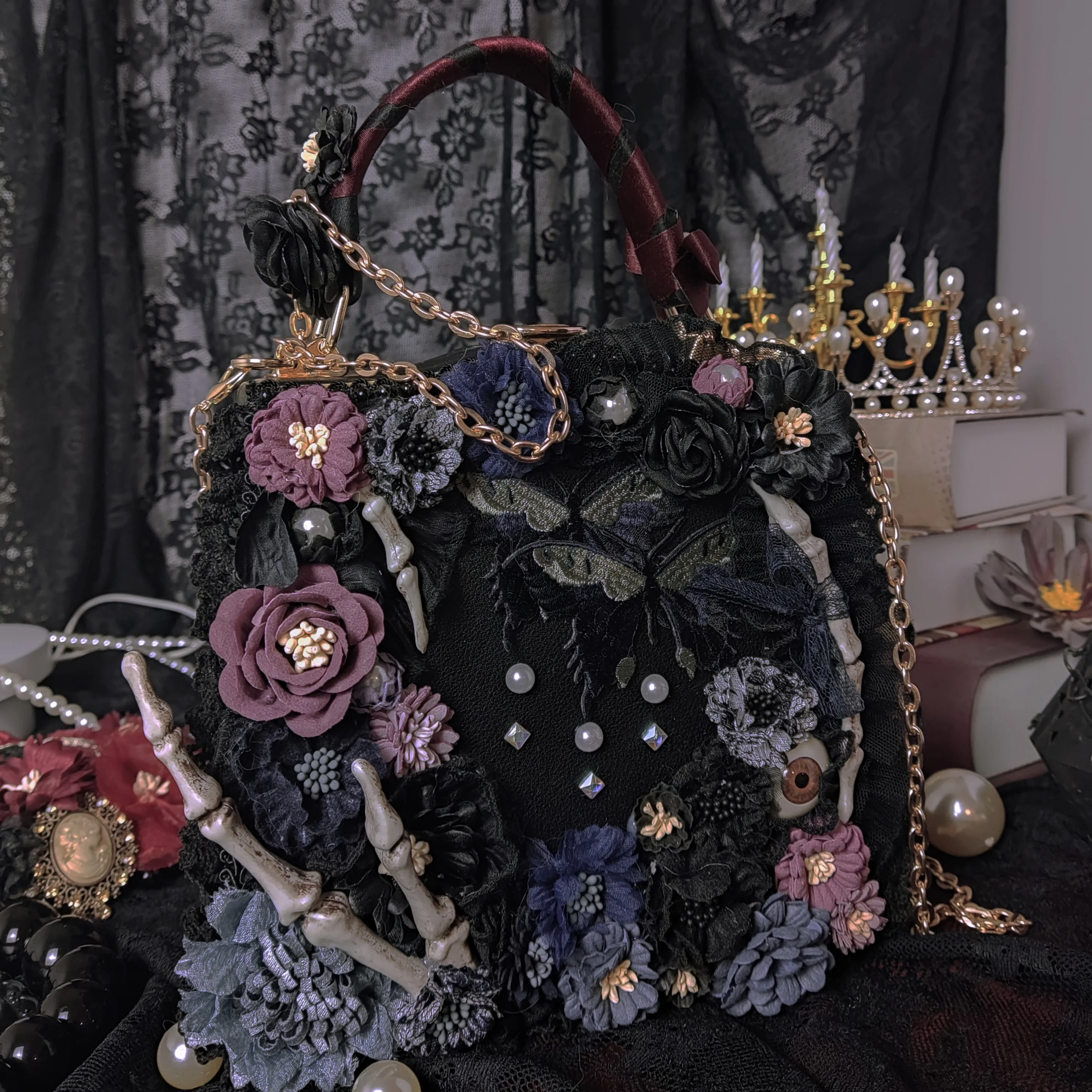 

[Original] Handmade Gorgeous Flower Wedding Gothic Eye Skull Handbag Vintage Black Red Purple Bag