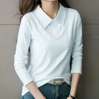 High Quality T-shirts 100℅ Cotton Female Tee Long Sleeve With Collar Korean Popular Clothes Basic Pretty Original Women's Polo - Image 6