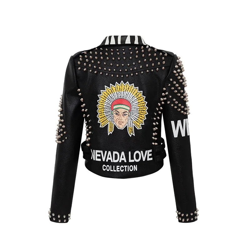 Punk Rivets Cropped Leather Jacket for Women 2024 Trend Streetwear Graffiti Print Contrast Faux Leather Motorcycle Jacket