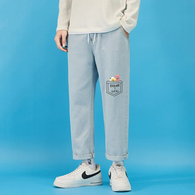 

Джинсы в гонконгском стиле для мужчин и студентов с мультяшным принтом, свободные модные летние прямые мужские брюки, Прямая поставка